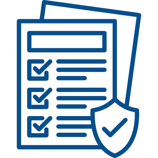 Checklist document with three checked items and a shield with a checkmark, representing security and compliance.