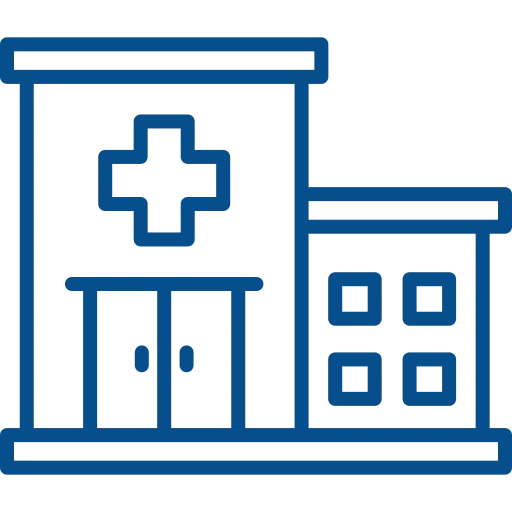 Icon-style blue outline of a hospital building with a cross on the front and a connected wing