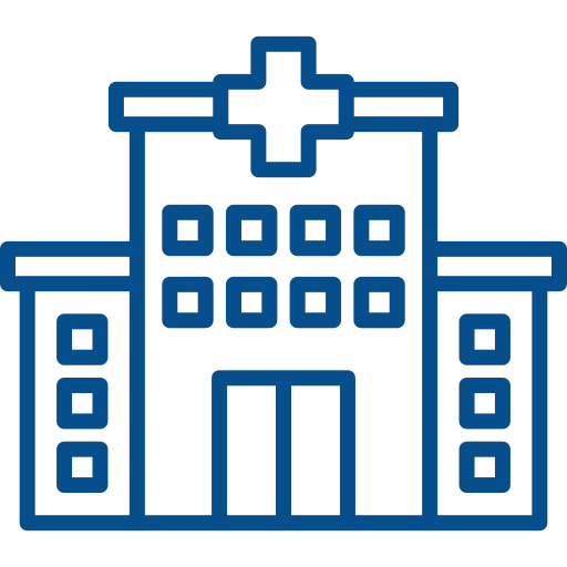 Blue outline hospital building icon with a cross on top, doors in front, set against a black background.