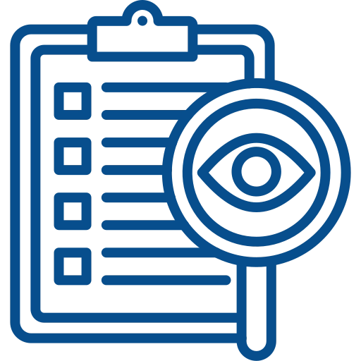 Clipboard with a checklist and an eye within concentric circles, symbolizing a visibility audit/review