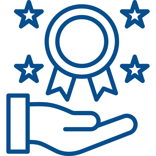 Hand holding a blue award ribbon with five surrounding stars, symbolizing recognition or certification.