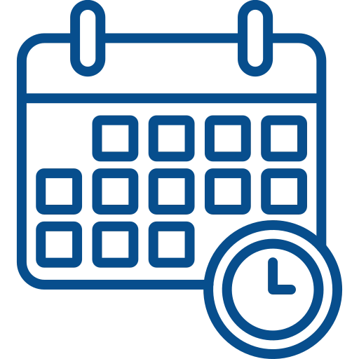 Blue calendar icon with a clock overlay, symbolizing scheduling or an appointment date/time.